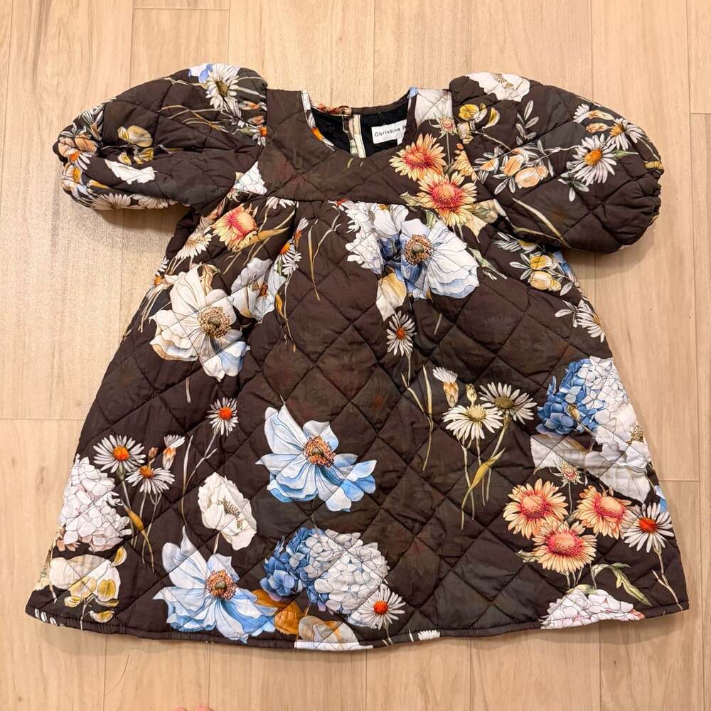 Christina Rohde Quilted Floral Dress Size 3 Brown Puff Sleeve